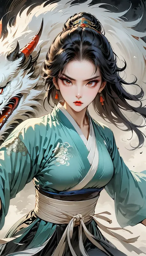 (masterpiece, best quality:1.2), Chinese dragon：1.37，1 girl，2D， Metal jewelry, Serious expression, Attack, The gaze is cold, Clothing black and white ink style, Martial Arts Styles, sash, sharp eye，Dark Theme，big eyes