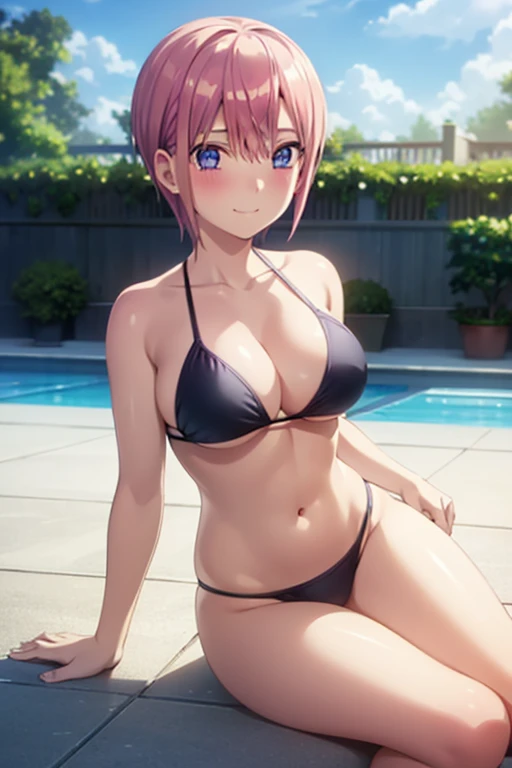 ((hdr, highest resolution, best quality, beautiful, raw image)),1girl, , pink short hair, (blushing:1.1), shy smiling, blue eyes, full body, slender, (large breasts), thighs, black bikini swimsuit, pool side, sexy pose,