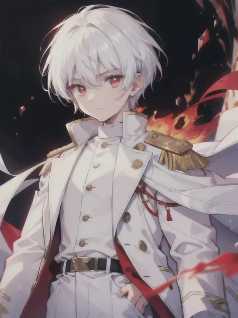 a young boy with red eyes, white  hair,long and big coat,a white blouse with elegant details,