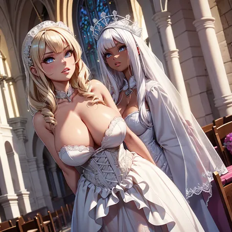 Barbie with huge breasts in a micro wedding dress with huge cleavage in the church 