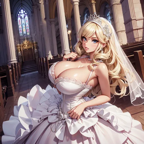 Barbie with huge breasts in a micro wedding dress with huge cleavage in the church 