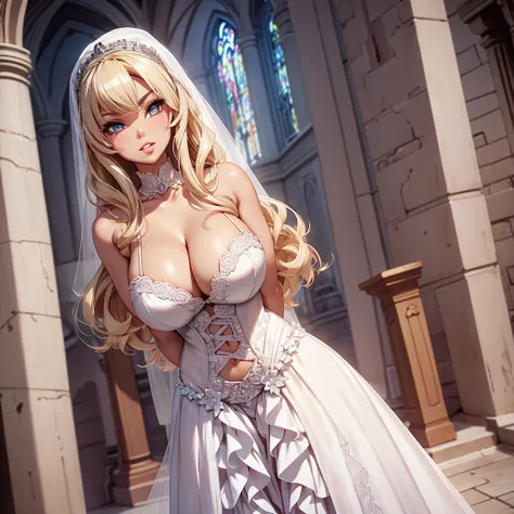 Barbie with huge breasts in a micro wedding dress with huge cleavage in the church 