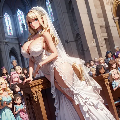 Barbie with huge breasts in a micro wedding dress with huge cleavage in the church 