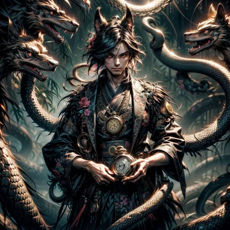 (Best quality, a high resolution, ultra detailed) silhouette (kimono, Hairy anthro) holding a bright pocket watch in his hands, surrounded by flowers, snakes and darkness, illustrative rendering, complex parts, Mysterious atmosphere, bright colors, dynamic...