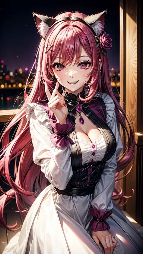 Magenta hair, hazel eyes, older woman, dress clothes, hair jewel ornament, cat ears, long hair, smiling face