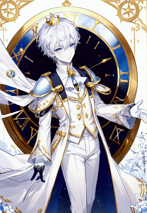 ((Timelord)) ((1 boy)) ((Clocks))  He has pale skin, blue eyes with pointer pupils, white shirt, lace vest with golden details, white fluffy shoulder pad, white finger lace gloves, white pants with golden details and black boots, white horns, white pointer...