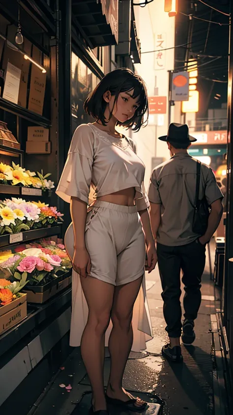 a couple buying flowers from a flower seller, girl wearing short clothes, big hips, night light, realistic, moody color, sharpness