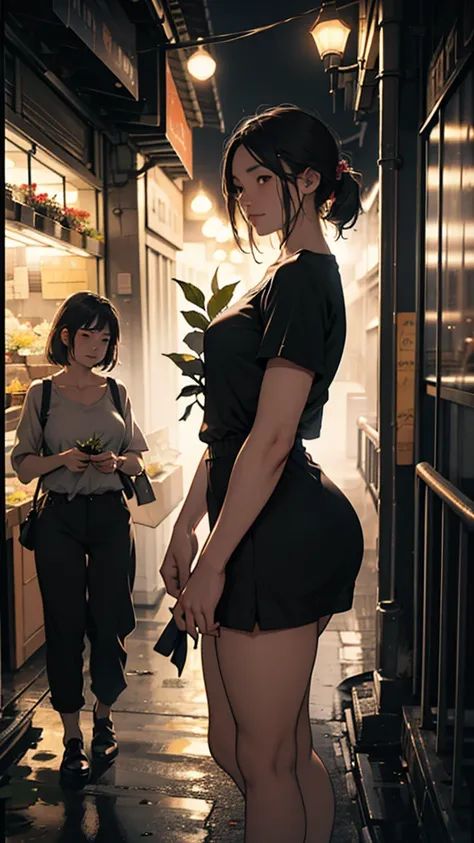 a couple buying flowers from a flower seller, girl wearing short clothes, big hips, night light, realistic, moody color, sharpness