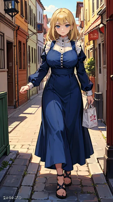 Highest quality, masterpiece, Intricate details,, Super detailed, Old fashioned young woman, Wearing a peasant dress, No neckline, Blonde, Perfect details and blue eyes, Walking around the old town, HD quality, 8k, One young woman, 20-year-old,Large Breast...