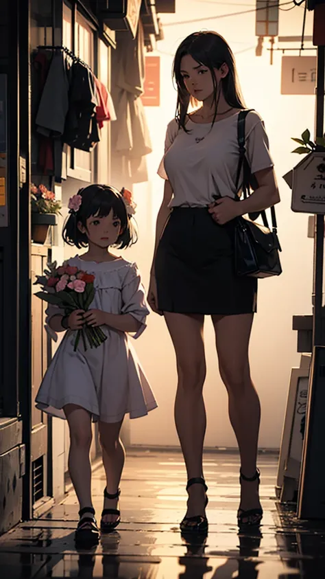 a couple buying flowers from a flower seller, girl wearing short clothes, big hips, night light, realistic, moody color, sharpness