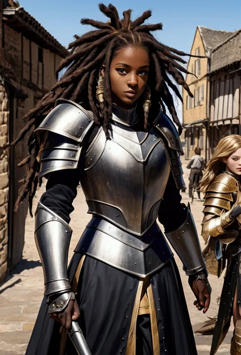 18 year old black woman、Beauty、Blonde、Warrior in armor、Exposed Armor、Dreadlocks、background　Medieval port town、high resolution