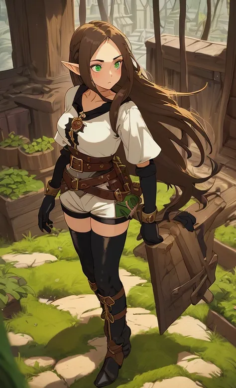 cool girl, long brown hair, elf ear, greeneyes, medieval short sleeve blouse, medieval brown shorts, black gloves, wearing medial boots, Elven costume, warrior, magician, jewelly, Spirited Away..