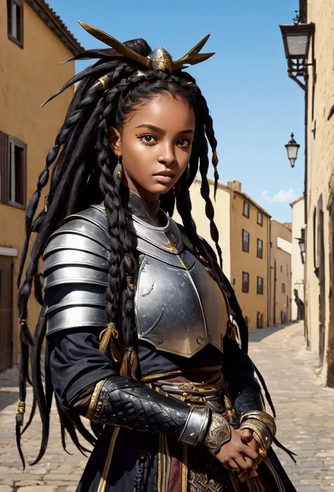 18 year old black woman、Beauty、Exposed Armor、Blonde　Dreadlocks、background　Medieval port town、high resolution、