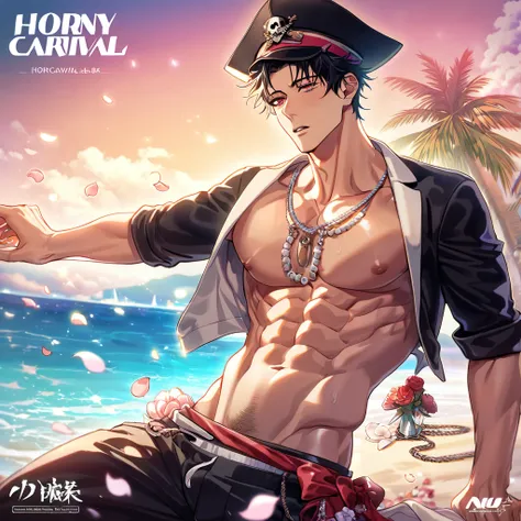 absurdres, highres, ultra detailed, HDR, master piece, best quality, Quincy, black hair, messy hair, expressive red eyes, Jujutsu Kaisen, solo, sexy man, handsome, horny, lewd, black hat, fantasy black pirate clothes, accessories, showing the chest, beach,...