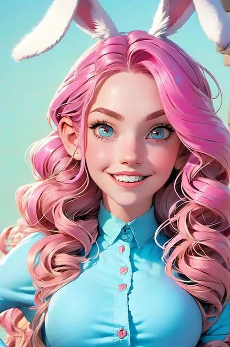 anime style, a closeup of a cartoon of a woman with ears and rabbit tail, with rabbit tail, with rabbit ears, girl design, mara, portrait, giesha, anime image, long hair, pink hair, hair covering ears, happy, polished and powerful look, exotic, tall  