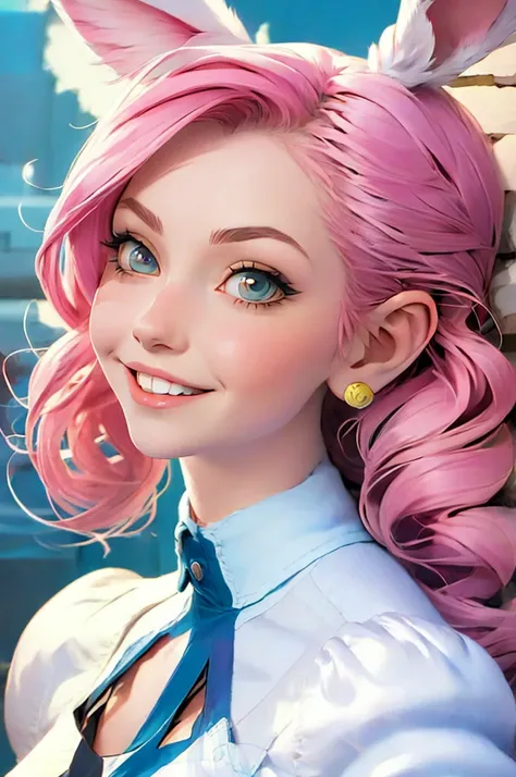 anime style, a closeup of a cartoon of a woman with ears and rabbit tail, with rabbit tail, with rabbit ears, girl design, mara, portrait, giesha, anime image, long hair, pink hair, hair covering ears, happy, polished and powerful look, exotic, tall  