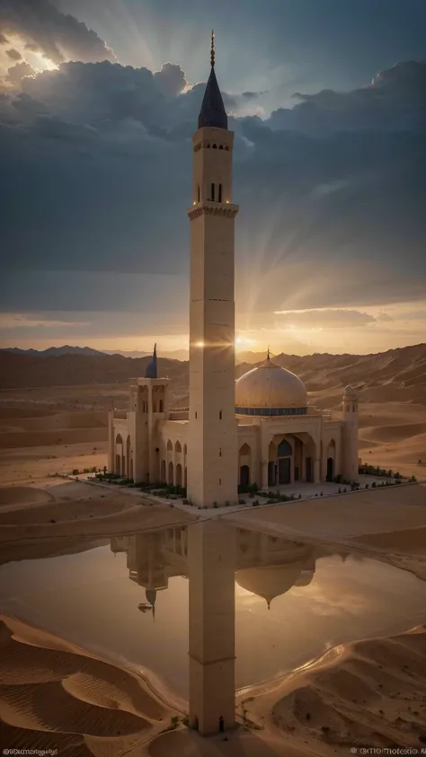 best quality,4k,8k,Ultra high resolution ,masterpiece:1.2),ultra-detailed,(realistic,photorealistic,photo-realistic:1.4),Mosque in desert.Hyper-realistic photography, gentle soft natural lightning, real photo,Cinematic style,realistic environment,low contr...