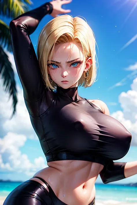 masterpiece, Highest quality,  Unreal Engine,  Super Resolution,  Very detailed, 

Beautiful woman, Android 18, Android 18, blonde, blue eyes, eyelash, hoop Earrings, short hair, Earrings, Oiled Rubber Suit, Vivid expression, Healthy Body, Beautifully deta...