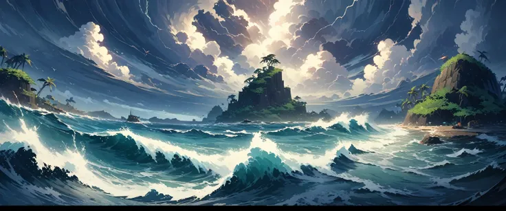 ocean，There is a small island in the sea，Rough seas around the island，Storm，Thunder and lightning。Birds eye view composition，Panorama pictures，Scene screen，Game concept art style，Anime illustration style，HD，4K。