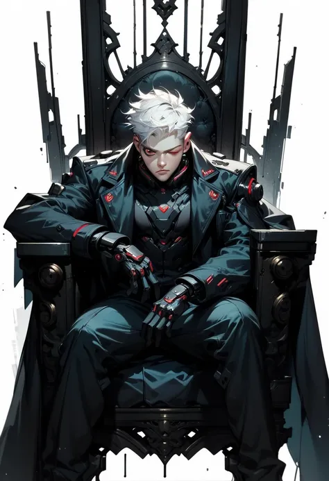 (score_9, score_8_up, score_7_up), zPDXL, 1 man, alone, facing forward, iron chair, black throne, black suit, black stripe on face, one eye closed, arms on sides, white hair, disheveled, cyberpunk, serious and thoughtful face, intimidating, simple backgrou...