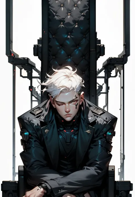 (score_9, score_8_up, score_7_up), zPDXL, 1 man, alone, facing forward, iron chair, black throne, black suit, black stripe on face, one eye closed, arms on sides, white hair, disheveled, cyberpunk, serious and thoughtful face, intimidating, simple backgrou...