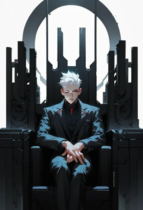 (score_9, score_8_up, score_7_up), zPDXL, 1 man, alone, facing forward, iron chair, black throne, black suit, black stripe on face, one eye closed, arms on sides, white hair, disheveled, cyberpunk, serious and thoughtful face, intimidating, simple backgrou...