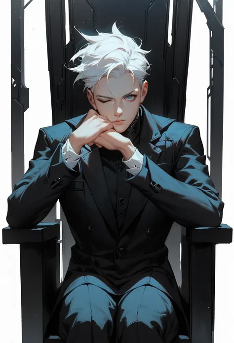 (score_9, score_8_up, score_7_up), zPDXL, 1 man, alone, facing forward, iron chair, black throne, black suit, black stripe on face, one eye closed, arms on sides, white hair, disheveled, cyberpunk, serious and thoughtful face, intimidating, simple backgrou...