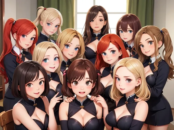 (Best quality, masterpiece), group photo of 8 very different beautiful students, different emotions, Free postures, Different hair colors(among them there is only 1 redhead, 3 blondes, 2 brown-haired and 2 brunettes), Different hairstyles, different hair l...