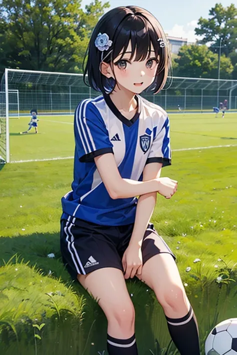 Highest quality、Black Hair、Iris、short hair、girl、cute、16 years old、、Small hair ornament、1 person、Sportswear、soccer、Take the shot