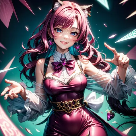 Magenta hair, hazel eyes, older woman, dress clothes, hair jewel ornament, cat ears, long hair, smiling face, teal color