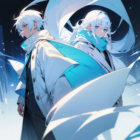 A young boy with white hair, glowing light blue eyes,he wears a white coat with a scarf,his coat was big and cozy...He walks with a girl with white hair and beautiful blue eyes.