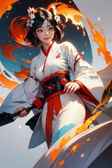 A beautiful woman in a white kimono, smiling fearlessly, as a Japanese onmyoji holds a talisman and manipulates fire