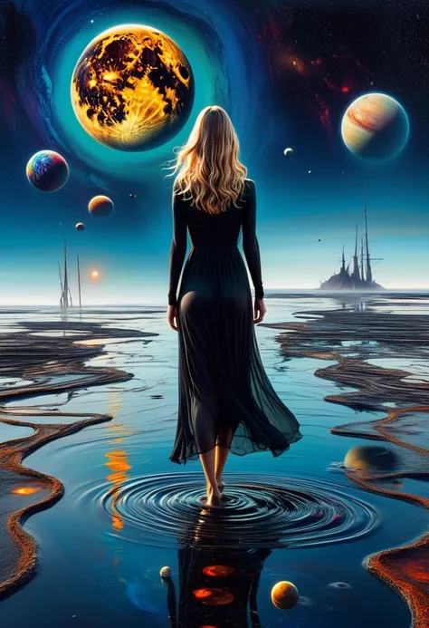 create a dark multiverse with planets, a very beautiful woman walking on a melted sea,cosmos,surrealist art, abstract, style of Dali and Edvard Munch, expressionism, some melted images,painting picture