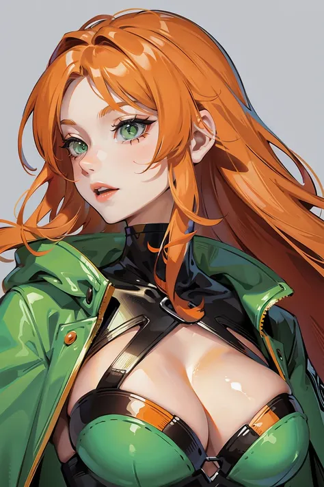 long orange hair, green eyes, large cleavage, profile picture, portrait 