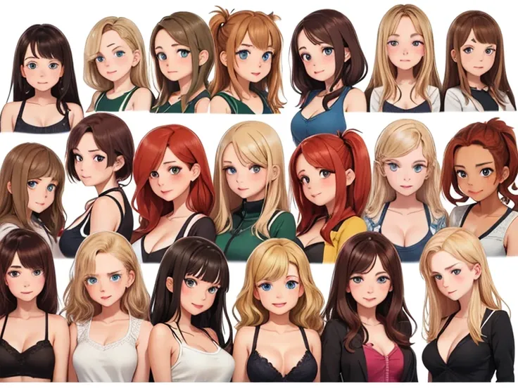 (Best quality, masterpiece), group photo of 8 very different beautiful students, different emotions, Free postures, Different hair colors(among them there is only 1 redhead, 3 blondes, 2 brown-haired and 2 brunettes), Different hairstyles, different hair l...