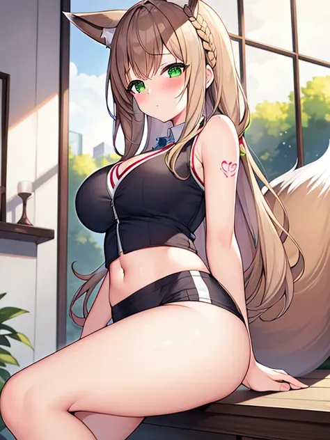 masterpiece, Highest quality, Highest Resolution, One girl, alone, Oversized fox tail，Green Eyes，(Long brown hair_Sideways French braided hair)，Small flower head dress, (Age 27，Busty Wife)_Mature female figure_F Cup，modern architecture，(Blushing:1.3),Repre...