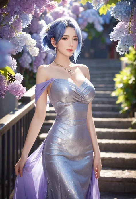 Top of the line CG, highest image quality, masterpiece,8k image quality,  exquisite and delicate beautiful girl, ,st._louis_(azur_lane), azur_lane, 1girl, blue_hair,  earrings, jewelry, hair_ornament, high_side_ponytail, large_breasts, plunging_neckline, p...