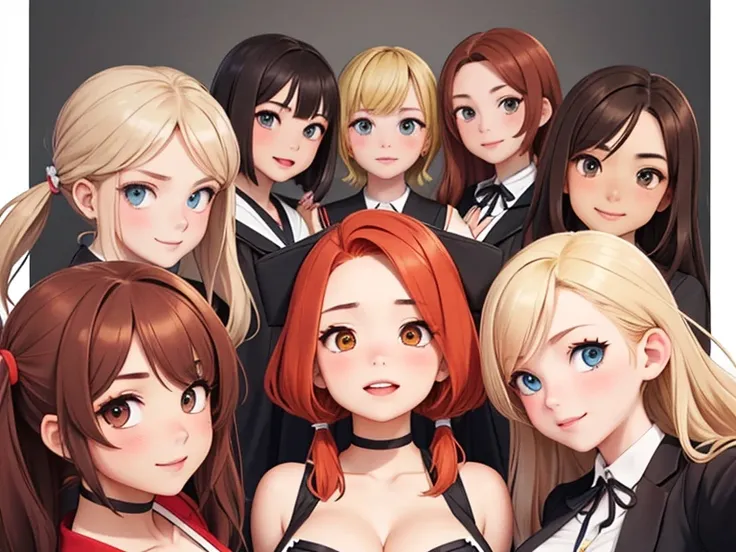 (Best quality, masterpiece), group photo of 8 very different beautiful students, different emotions, Free postures, Different hair colors(among them there is only 1 redhead, 3 blondes, 2 brown-haired and 2 brunettes), Different hairstyles, different hair l...