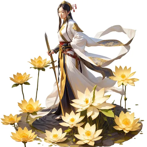 Long-haired man,Chinese style,Full body martial arts,Full body fairy,Ancient costume,Hold a sword in hand,golden lotus,Realistic style,Like photos,lifelike,Increase shadow lightness