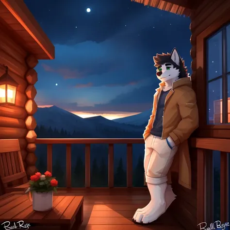 (masterpiece, Best Quality:1.2), lobo, detailed face, detailed body, toned body, muscled body, 5 fingers, Detailed hands, green eyes, detailed eyes, short hair same coat color, White fur, 2 arms, casual clothes, on a balcony, cabin, at night, por pache rig...