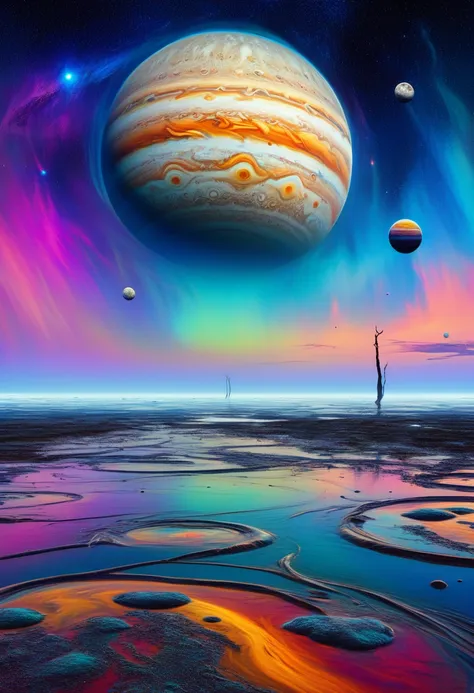 create a colorful multiverse with colorful planets,who knew jupiter,saturn,moon,planet earth, marte, a sea with melted footprint...