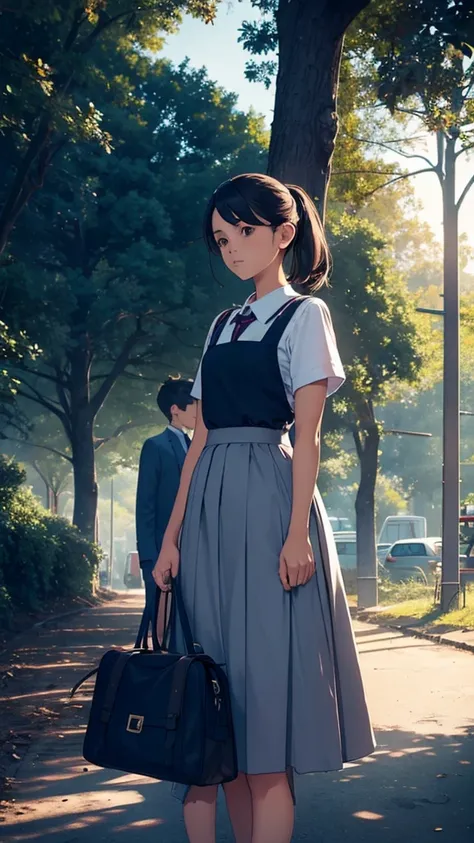 A couple is going to school in the morning. The girl is wearing small clothes, big hips, with bags behind her, and her is near trees. Moody color tone, sharpness, sunlight