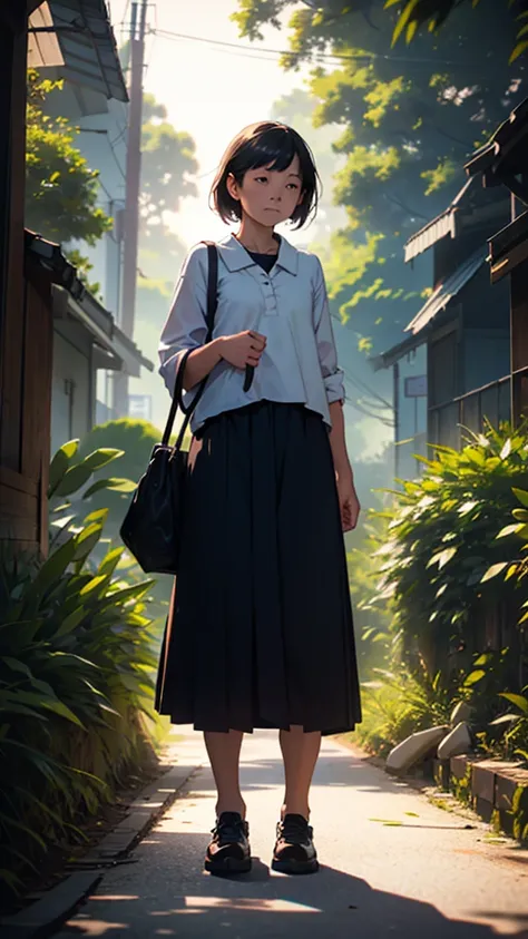 A couple is going to school in the morning. The girl is wearing small clothes, big hips, with bags behind her, and her is near trees. Moody color tone, sharpness, sunlight