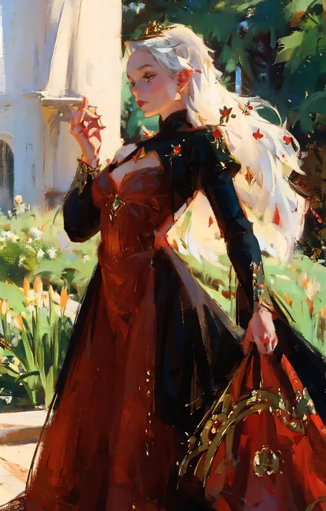 fantasy, princess Targaryen, full-length, garden, girl, with white hair, face looks like Daenerys|Natalie Portman, in a red and black dress embroidered with gold threads of rubies and diamonds with her eyes open, hd