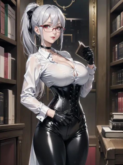 masterpiece, Superior image quality, High resolution, 4k image,photo and gross, photorealistic, whole body, 1 girl, standing, big breasts, {{{vagina}}}, beautiful face, Silver hair short ponytail, Red eyes, very detailed eyes, shy expression, draw smile, G...