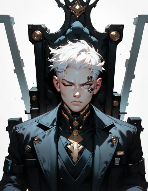 (score_9, score_8_up, score_7_up), zPDXL, 1 man, alone, facing forward, iron chair, black throne, black suit, black stripe on face, one eye closed, arms on sides, white hair, disheveled, cyberpunk, serious and thoughtful face, intimidating, simple backgrou...