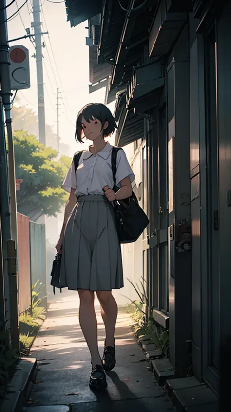 A couple is going to school in the morning. The girl is wearing small clothes, big hips, with bags behind her, and her is near trees. Moody color tone, sharpness, anime look 