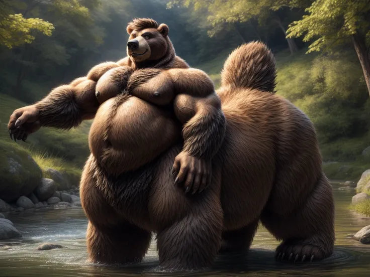 furry, fur taur, huge bear, beartaur, middle-age, solo,1man, detailed face, bear ears, bear eyes(green), bear nose(black), bear mouth, garibaldi beard(grey), hair, mature hair(grey), detailed arm, thick arm, forearm hair, muscular, thick hands(5 fingers), ...