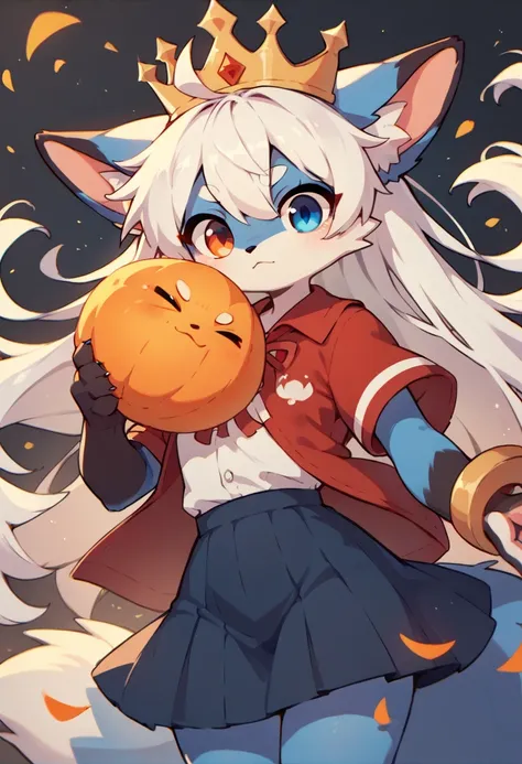 1girl furry,fox, white hair, red hair dye tips in hair, long hair, skirt,cute shirt, blue and red,one blue eye, one orange eye, wearing a crown, purple 