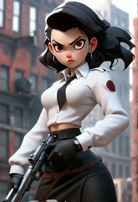 1 girl, close up photography, (by white, medium hair, big breasts, Red eyes), perfect anatomy, city, cyberpunk style, ((White shirt, black jacket, black skirt, belly button, belt, black gloves, tie, wristwatch, earrings, see through black leggings)), ((hol...